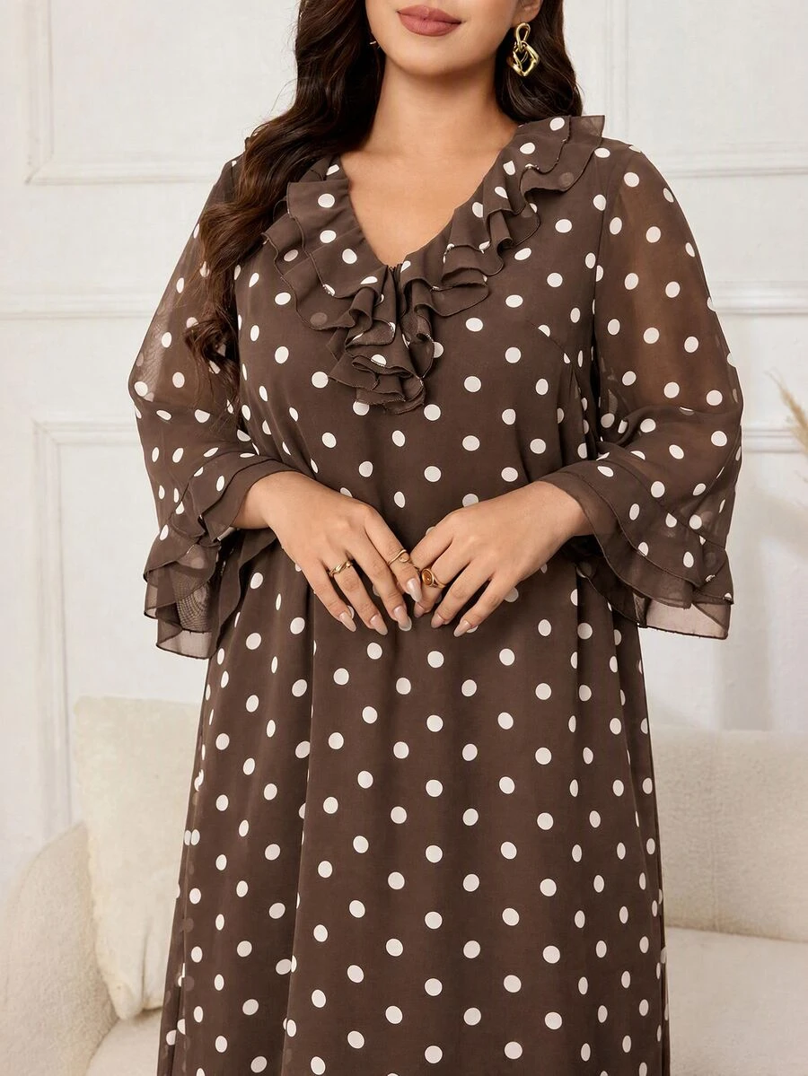 Al Najma Plus Size Women's Fashion Minimalist Flared Slimming Dress - Coffee Brown - View 1