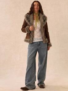Easelle Women's Autumn/Winter Fashion Retro Fuzzy Patchwork Jacket - Brown - View 4