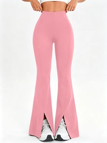 Easithlete Solid Color High Waist Split Hem Flare Leg Sports Pants - Pink - View 4