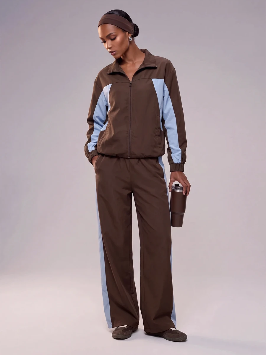 Zivah Women's Gym 2pcs Set Loose Fit Zip Up Jacket Wide Leg Pocket Pants Brown Light Blue Contrast Modest Athleisure Workout Autumn All Season - Multicolor - View 1