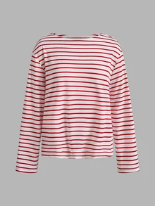 SHEIN EZwear 3件裝厚款船領T恤，海軍藍/白色/條紋，秋季上衣，適合日常通勤、派對、秋冬春夏、聖誕節、新年、感恩節、婚禮、海灘、畢業典禮、優雅、外出、約會、通勤、情人節、度假、Y2K、畢業典禮等場合 - 彩色 - 查看 3