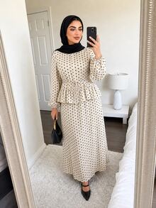 Solavon Plus Size Women's Polka Dot Pattern Ruffle Hem Blouse And Skirt Elegant Two Pieces Set - Apricot - View 5
