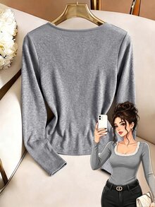 GlowEve CURVE Plus Size Long Sleeve T-Shirt With Lace Trim Neckline Fall - Dark Grey - View 2