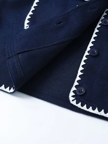 SHEIN 青少年女孩休閒百搭黑白撞色飾邊翻領大口袋秋冬羊毛外套 - 藏蓝色 - 查看 8