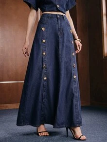 Anewsta Women's Fashion New Gorgeous Decorative Buckle Blue Jeans Skirt - Blue - View 7