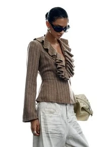 LYSMO Women's Striped Deep V-Neck Ruffle Trim Fashion Versatile Overcoat Autumn Clothes Night Out Outfit - Khaki - View 5