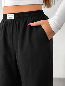 SHEIN Essnce Plus Size Women's Letter Print Denim Straight Leg Loose Fit Pants With Pockets - Black - View 6