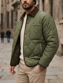 DAZY Jaket Mantel Pria Bertekstur Quilted Warna Hijau Army Patchwork - Hijau Tentara - View 6