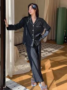 DAZY 2pcs Plaid Embroidered Pattern Pajama Set Fall - Navy Blue - View 5
