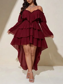 Viva Relle Plus Size Sexy Cold Shoulder Spaghetti Strap Front Short Back Long Burgundy Dress Fall - Burgundy - View 3