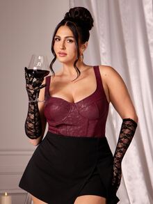 SHEIN BAE CURVE 大尺碼女款酒紅色緊身連身衣 - 酒紅色 - 查看 3
