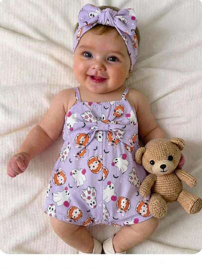 SHEIN Newborn Baby Girl Casual Cute Bowknot Suspender Romper Halloween