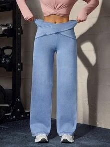 Flexra Women's Asymmetric Waist Wide Leg Loose Casual Denim Jeans - Blue - View 5
