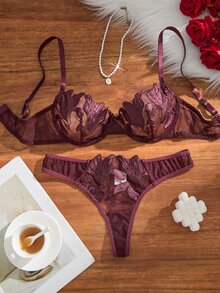 SHEIN 2件組 白色浪漫鏤空楓葉性感內衣套裝 - 中紫紅色 - 查看 3
