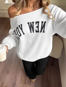 SHEIN 青少年女孩露肩字母印花衛衣黑色喇叭褲套裝，秋季穿搭，自由，冬季 - 黑與白 - 查看 4