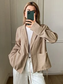 Livesso Jaket Blazer Lengan Panjang Wanita Warna Polos Kasual untuk Perjalanan Sehari-hari - Khaki - View 3