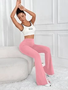 Easithlete Solid Color High Waist Split Hem Flare Leg Sports Pants - Pink - View 5