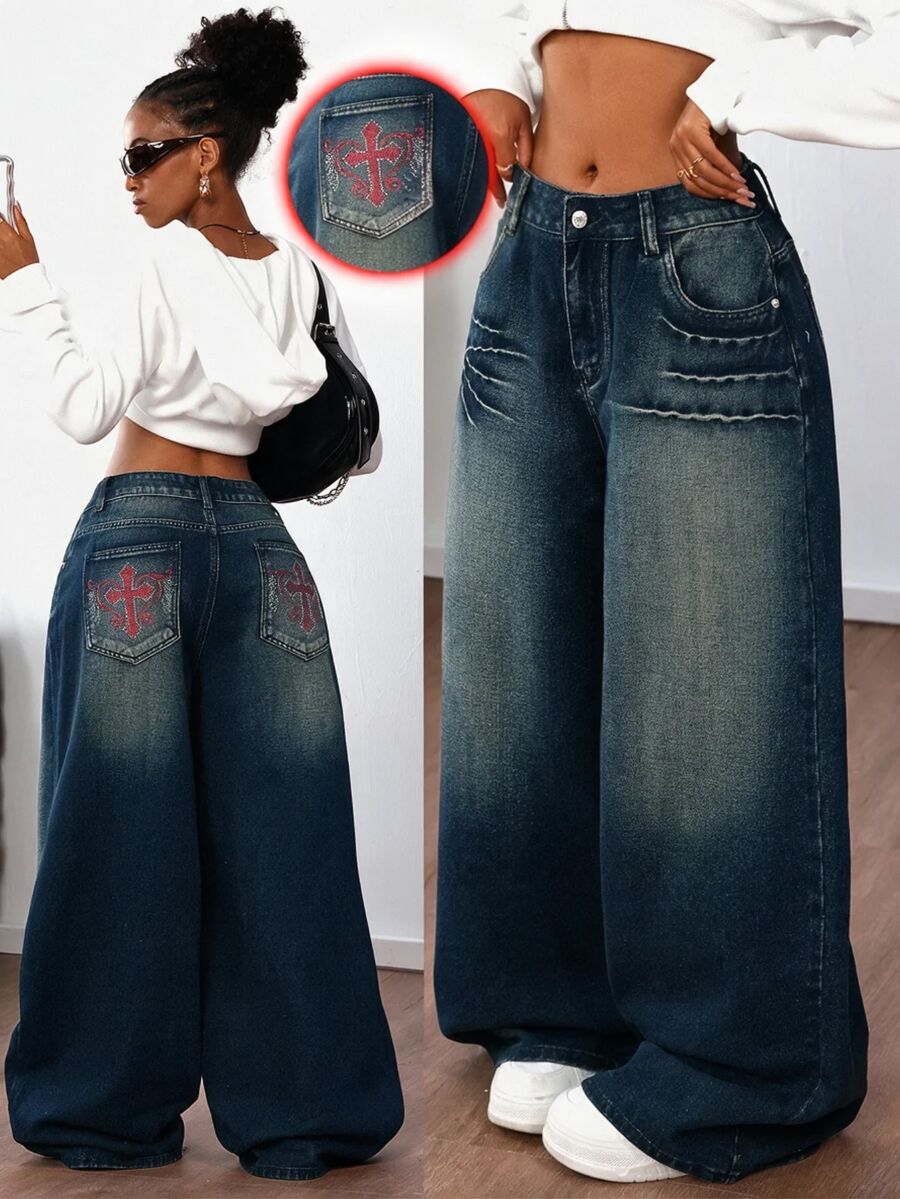 SHEIN ICON Women's Casual Washed Cross Rhinestone Decor Wide Leg Jeans - Blue - View 1