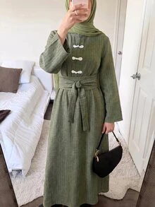 Solavon New Design Modern Chinese Style Frog Button Cinched Waist Slimming Elegant Daily Versatile Green Striped Dress - Army Green - View 2