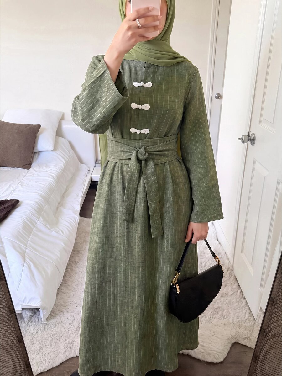 Solavon New Design Modern Chinese Style Frog Button Cinched Waist Slimming Elegant Daily Versatile Green Striped Dress - Army Green - View 1