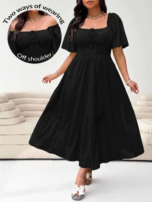 Solflare Spring/Summer Vacation Short Sleeve Plus Size Women Solid Color Front Tie Dress - Black - View 3