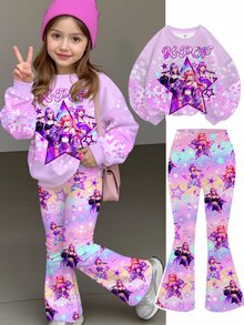 SHEIN 女童小女孩字母卡通印花長袖運動衫與運動長褲休閒日常套裝 - 彩色 - 查看 1