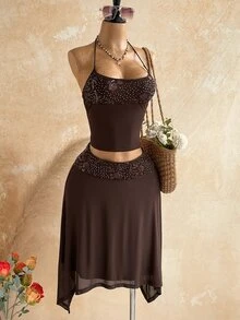 Soleia Women's Vacation Casual Sequin Patchwork Skirt - Brown - View 1