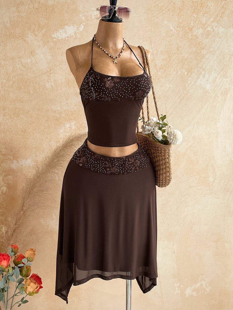 Soleia Women's Vacation Casual Sequin Patchwork Skirt - Brown - View 1