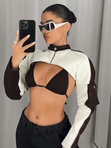 SHEIN ICON 女款雙色拼接插肩袖超短版秋季外套（免穿內衣款） - 棕色 - 查看 5