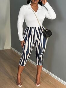 SHEIN SXY Black And White Zebra Print High Elasticity Knit High Waist 7/8 Length Leggings - Black and White - View 5