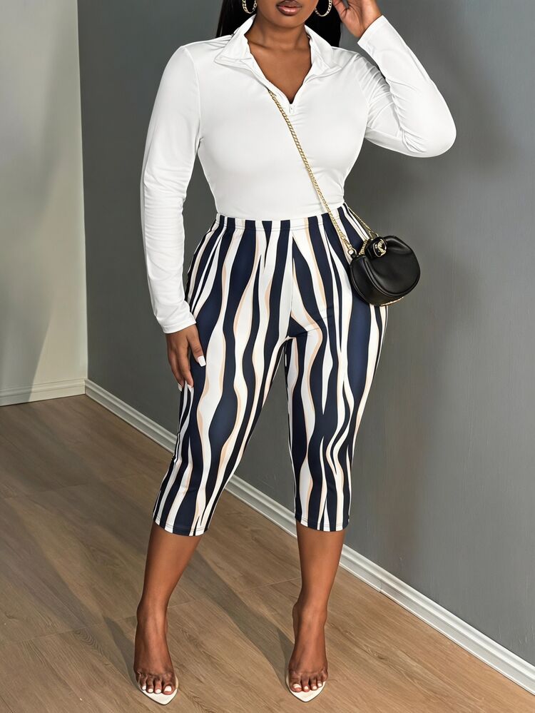 SHEIN SXY Black And White Zebra Print High Elasticity Knit High Waist 7/8 Length Leggings - Black and White - View 5