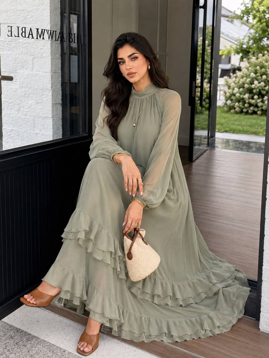 Solavon فستان أنيق للنساء بمقاسات كبيرة بلون موحد وياقة واقفة وأكمام طويلة وحافة مكشكشة - اخضر زيتون - مشاهدة 1