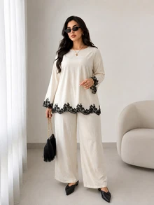 Solavon Plus Size Women's Lace Patchwork Long Sleeve Top And Pants Casual Daily 2 Pieces Set - Apricot - View 5