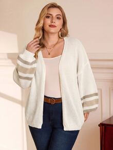 EMERY ROSE Plus Size Colorblock Striped Long Sleeve Knit Cardigan - Apricot - View 5