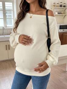 DAZY Solid Color Loose Asymmetrical Shoulder Long Sleeve Casual Vacation Korean Style Spring Autumn Maternity T-Shirt - Yellow - View 3