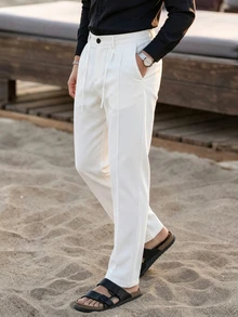 Genlund Men's Mature Casual Solid Color Tapered Plus Size Dress Pants, Best Choice For Holiday Gift - White - View 4