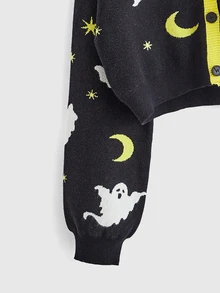 ROMWE Goth Halloween Black Open Front Jacquard Ghost Gradient Star Women's Cardigan Sweater - Black - View 4