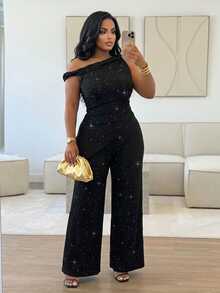Poshavie Poshavie Plus Size Sparkly Asymmetric Off Shoulder 2 Pieces Set, Ruched Wrap Top & Wide Leg Pants Elegant Party Outfit - Black - View 3