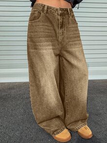 Dazy Plus Vintage Loose Street Style Washed Distressed Brown Straight Leg Jeans, Versatile All Season - Brown - View 5