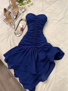INAWLY Women's Solid Color Pleated Asymmetrical Hem Fashion Strapless Dress - Navy Blue - View 1