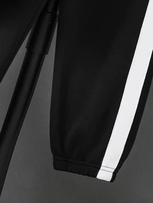 SHEIN 兒童青少年男孩服飾 男孩連帽衫 男孩運動長褲 拼色連帽衫與運動長褲2件套 高 CP 值 適合通勤、上學、日常休閒、學院風、旅行、運動 - 黑色 - 查看 3