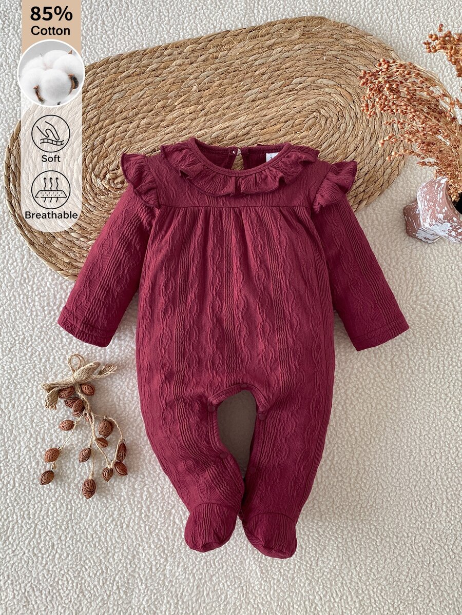 SHEIN Newborn Spring/Autumn Baby Girl Skin-Friendly Solid Color Cotton Footed Romper 0-9 Months Sweet Ruffle Collar Long Sleeve Snap Button Easy On/Off Crawl Suit - Burgundy - View 1