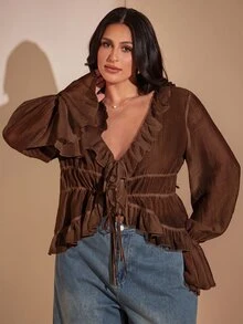 SHEIN BAE 大尺碼女款純色V領休閒百搭日常穿著襯衫 秋季 - 咖啡棕 - 查看 6
