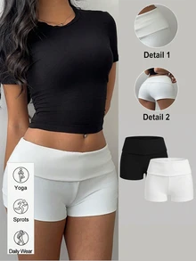 SHEIN BASICS 女款素色摺腰休閒內搭短褲 - 彩色 - 查看 15