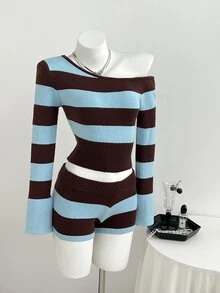 Elamini Women's Casual Versatile Fitted Color-Block Striped Daily Commute Outfit Autumn/Winter Asymmetrical Shoulder Sweater 2 Pieces Set - Multicolor - View 3