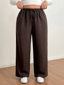 Shapeblank Plus-Size Women's Spring And Autumn Fashion Casual Loose Comfortable Everyday Basic Versatile Brown Thin Elastic Waist Wide-Leg Pants,Women Bottom - Brown - View 3