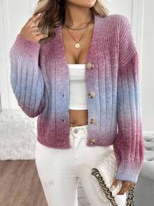 SHEIN LUNE 毛絨混紡漸層開襟衫 - 中紫紅色 - 查看 5