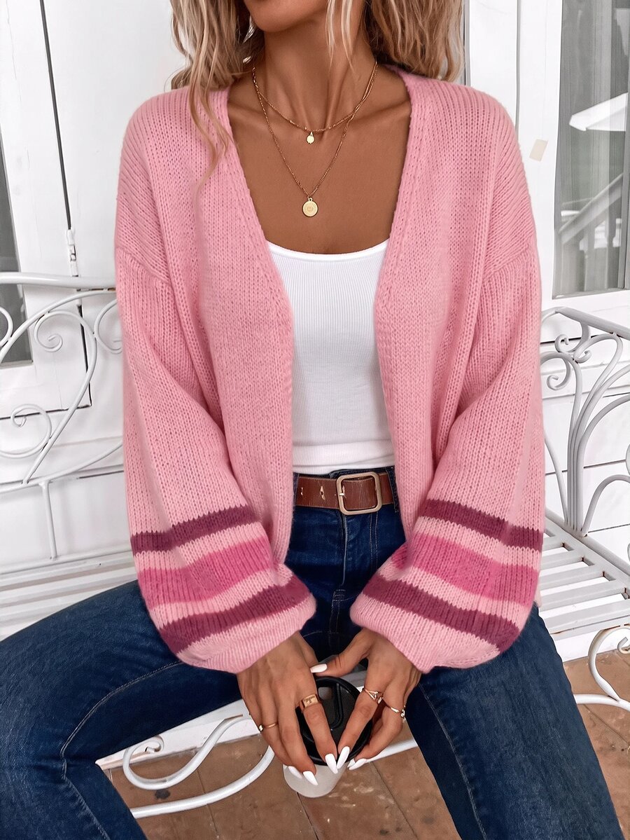 EMERY ROSE Plus Size Women's Colorblock Casual Versatile Daily Cardigan - Pink - View 1