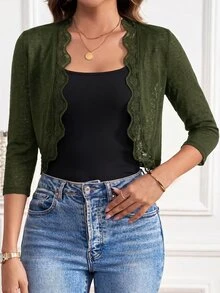 SHEIN Clasi 女款素色花卉蕾絲3/4袖開襟優雅輕便休閒夾克外套 - 軍綠色 - 查看 5