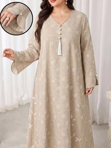 Al Najma Plus Size Women's Floral Embroidered Tassel Design Long Sleeve Elegant Arabian Dress - Khaki - View 8